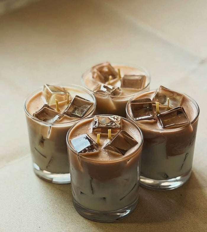 Iced coffee candles with wax ice cube toppers in clear glass tumblers